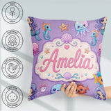 Custom Name Cute Kawaii Mermaid Seahorse Jellyfish and Starfish Square Filled Cushion Throw Pillow Sofa Bed Home Decor Zip Washable UK Made