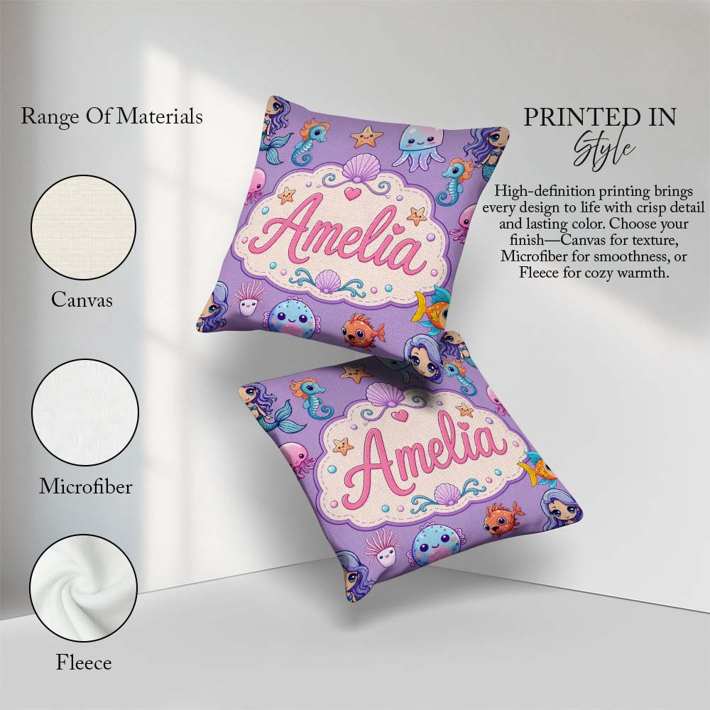 Custom Name Cute Kawaii Mermaid Seahorse Jellyfish and Starfish Square Filled Cushion Throw Pillow Sofa Bed Home Decor Zip Washable UK Made
