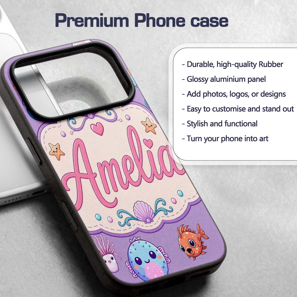 Cute Kawaii Mermaid Seahorse Decorative Design Custom Name Protective Phone Case Mobile Cover Durable Everyday Smartphone Shock Resistant