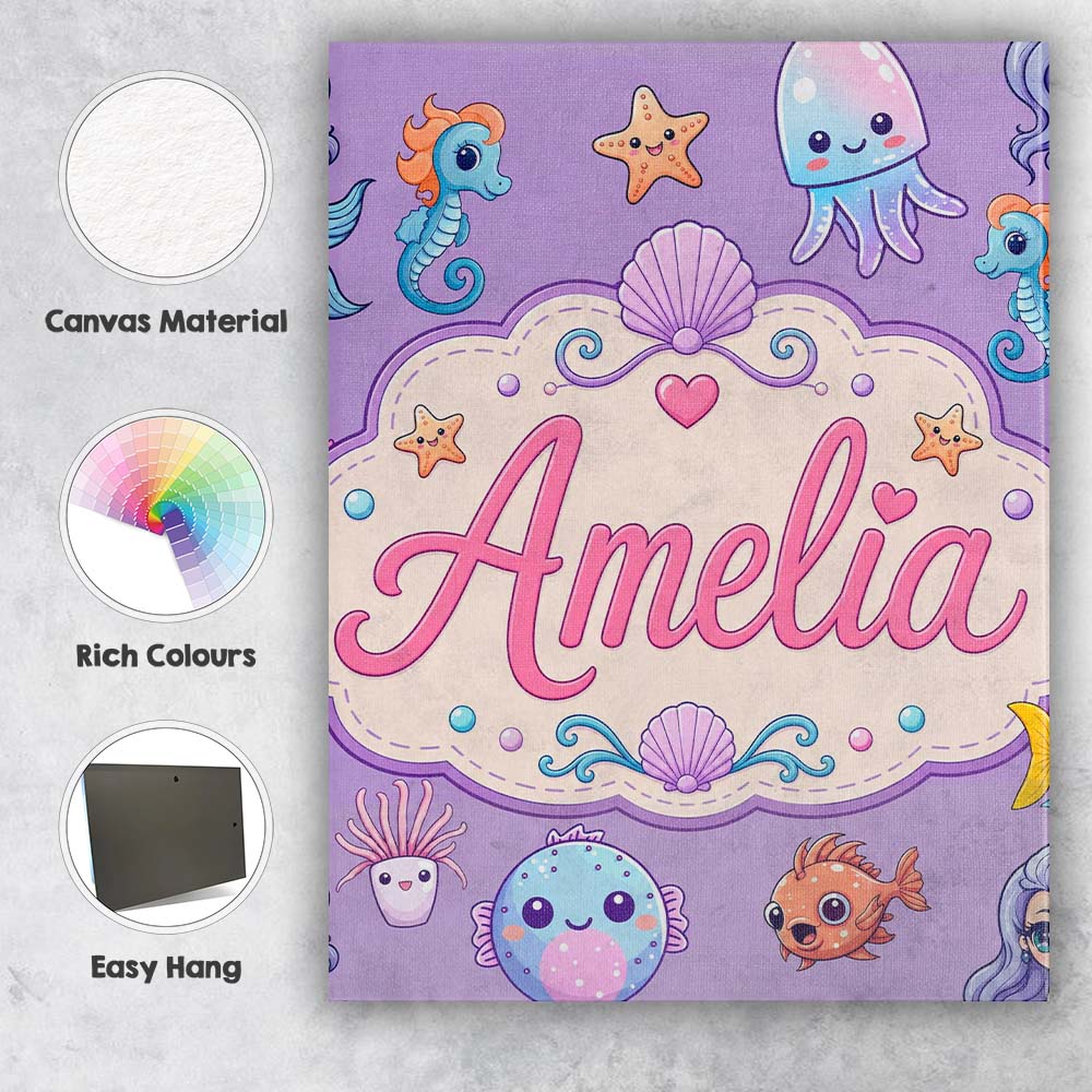 Personalised Name Cute Kawaii Mermaid Custom Modern Room Accent Creative Decorator Style Canvas Wall Art Print Decor Picture Ready to Hang