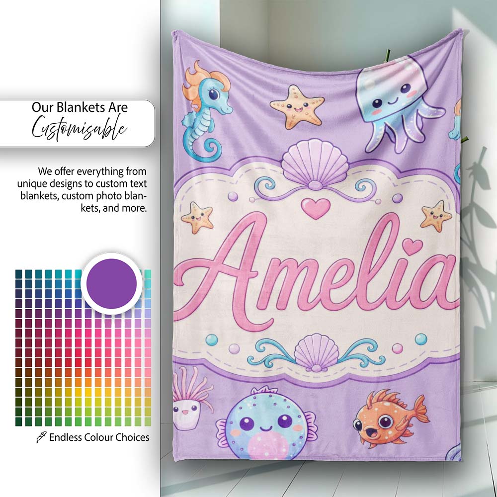 Cute Kawaii Mermaid Seahorse Jellyfish and Starfish Purple Lovely  Personalised Custom Name Super Soft Fleece Blanket Bed Sofa Throw