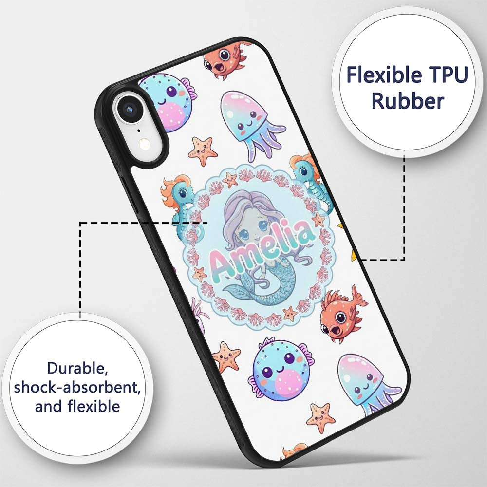 Cute Kawaii Mermaid Seahorse Decorative Design Custom Name Protective Phone Case Mobile Cover Durable Everyday Smartphone Shock Resistant