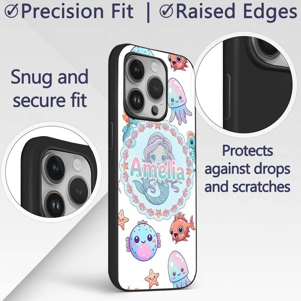 Cute Kawaii Mermaid Seahorse Decorative Design Custom Name Protective Phone Case Mobile Cover Durable Everyday Smartphone Shock Resistant