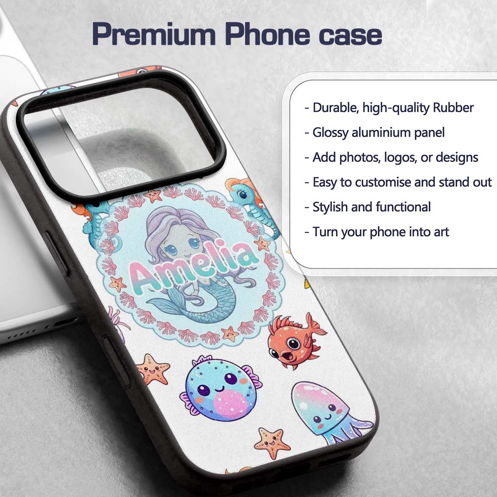 Cute Kawaii Mermaid Seahorse Decorative Design Custom Name Protective Phone Case Mobile Cover Durable Everyday Smartphone Shock Resistant