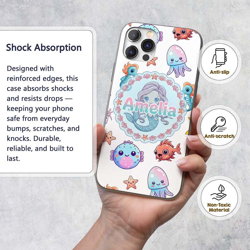 Cute Kawaii Mermaid Seahorse Decorative Design Custom Name Protective Phone Case Mobile Cover Durable Everyday Smartphone Shock Resistant