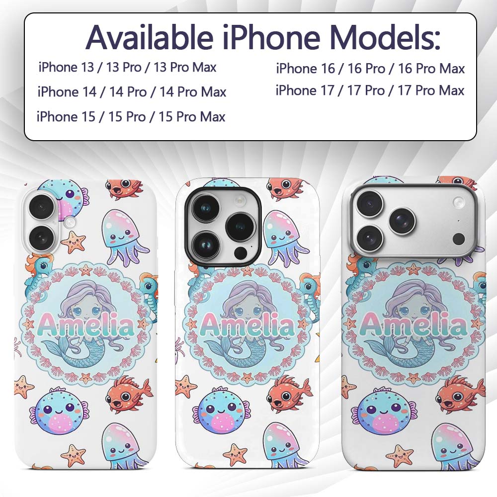 Cute Kawaii Mermaid Seahorse Decorative Design Custom Name Protective Phone Case Mobile Cover Durable Everyday Smartphone Shock Resistant