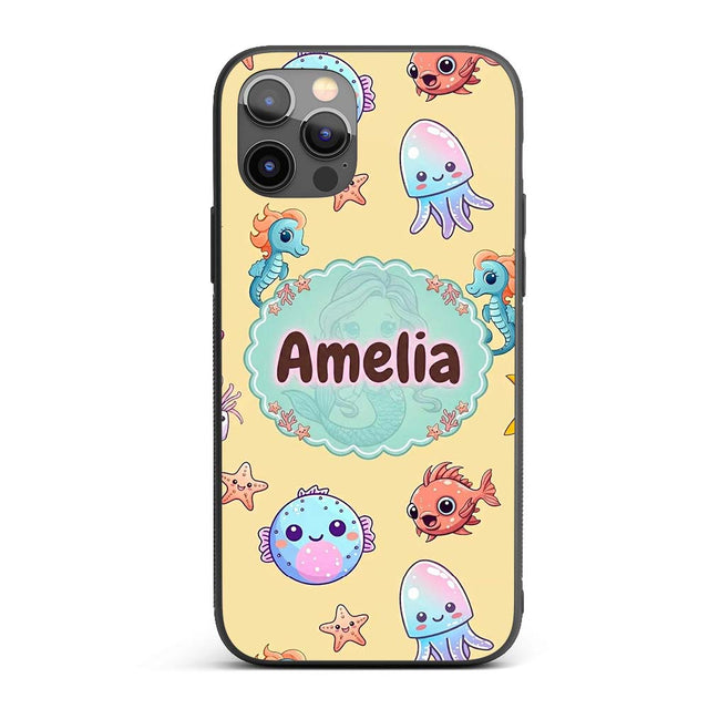 Cute Kawaii Mermaid Seahorse Decorative Design Custom Name Protective Phone Case Mobile Cover Durable Everyday Smartphone Shock Resistant