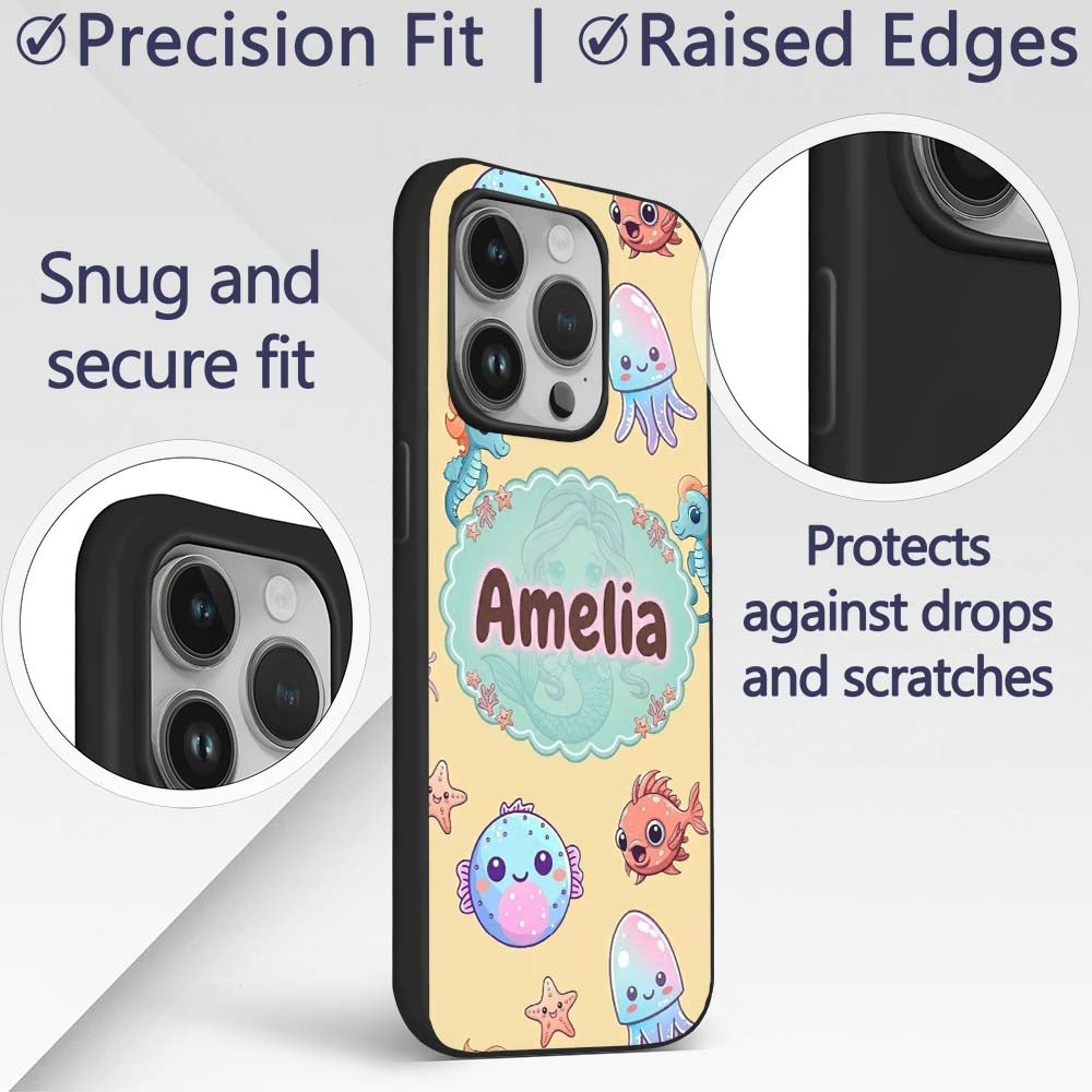 Cute Kawaii Mermaid Seahorse Decorative Design Custom Name Protective Phone Case Mobile Cover Durable Everyday Smartphone Shock Resistant