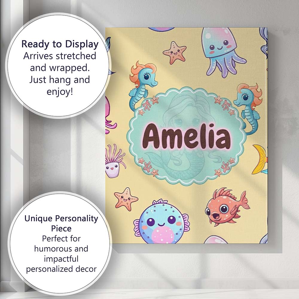 Personalised Name Cute Kawaii Mermaid Custom Modern Room Accent Creative Decorator Style Canvas Wall Art Print Decor Picture Ready to Hang