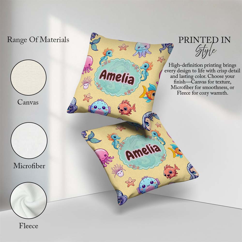 Custom Name Kawaii Mermaid Seahorse Jellyfish and Starfish Soft Square Filled Cushion Throw Pillow Sofa Bed Home Decor Zip Washable UK Made