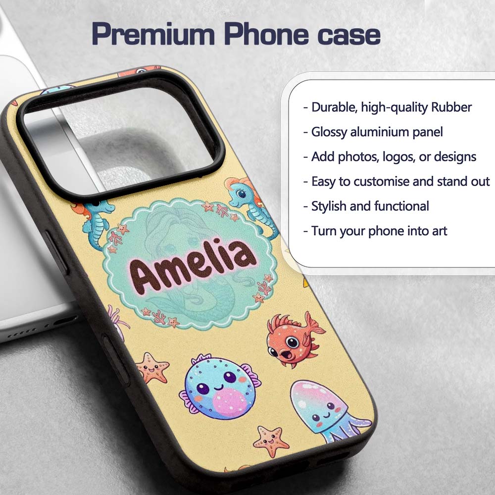 Cute Kawaii Mermaid Seahorse Decorative Design Custom Name Protective Phone Case Mobile Cover Durable Everyday Smartphone Shock Resistant