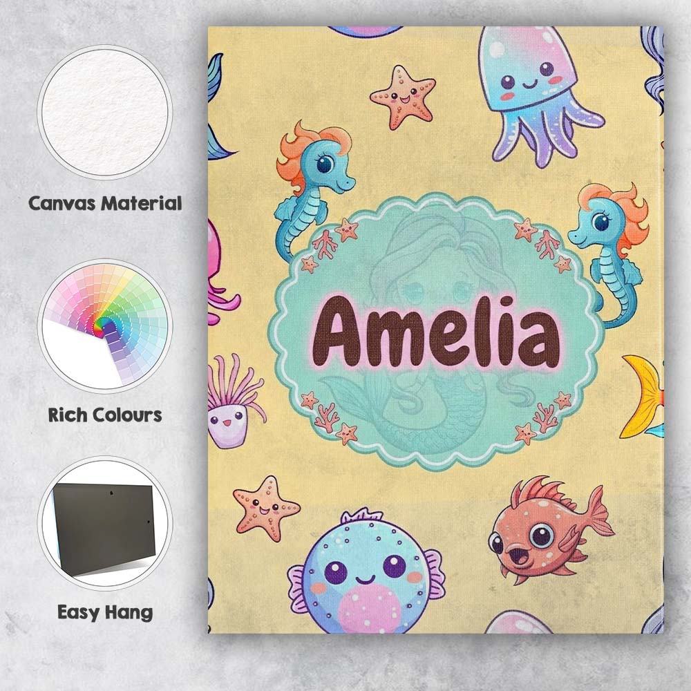 Personalised Name Cute Kawaii Mermaid Custom Modern Room Accent Creative Decorator Style Canvas Wall Art Print Decor Picture Ready to Hang