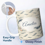 Personalized Custom Name Vintage Whale Seamless Pattern Soft Beige Marine Animal Design 11oz Ceramic Coffee Tea Mug White Large Handle