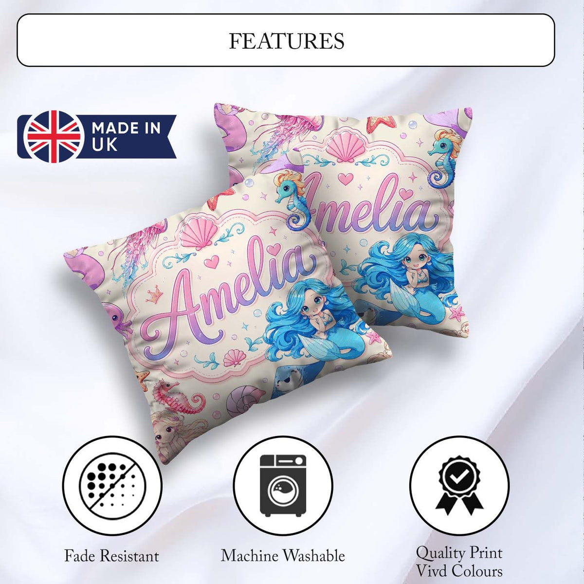 Custom Name Cute Blue Hair Mermaid Jellyfish and Ocean Creatures Square Filled Cushion Throw Pillow Sofa Bed Home Decor Zip Washable UK Made
