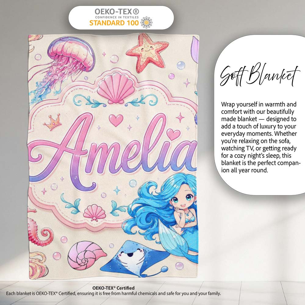 Cute Blue Hair Mermaid Jellyfish Seahorse and Ocean Creatures Lovely  Personalised Custom Name Super Soft Fleece Blanket Bed Sofa Throw