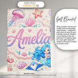 Cute Blue Hair Mermaid Jellyfish Seahorse and Ocean Creatures Lovely  Personalised Custom Name Super Soft Fleece Blanket Bed Sofa Throw