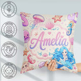 Custom Name Cute Blue Hair Mermaid Jellyfish and Ocean Creatures Square Filled Cushion Throw Pillow Sofa Bed Home Decor Zip Washable UK Made
