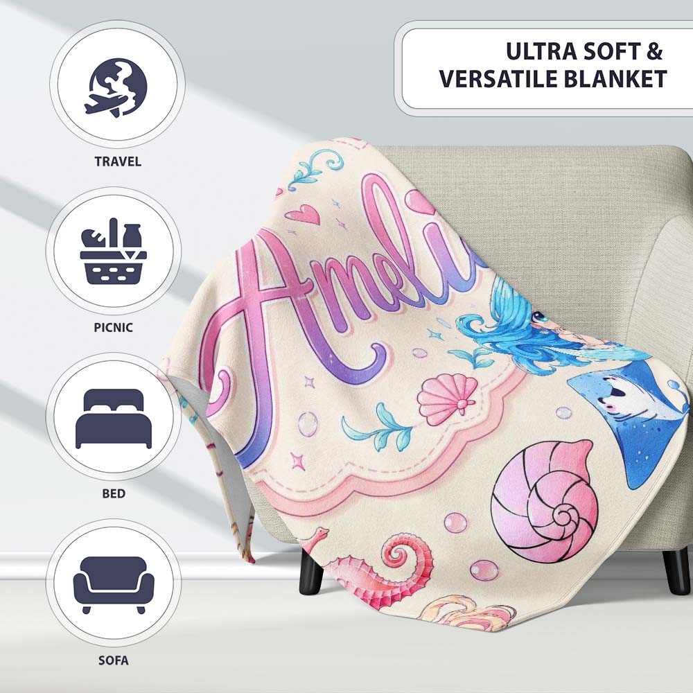 Cute Blue Hair Mermaid Jellyfish Seahorse and Ocean Creatures Lovely  Personalised Custom Name Super Soft Fleece Blanket Bed Sofa Throw