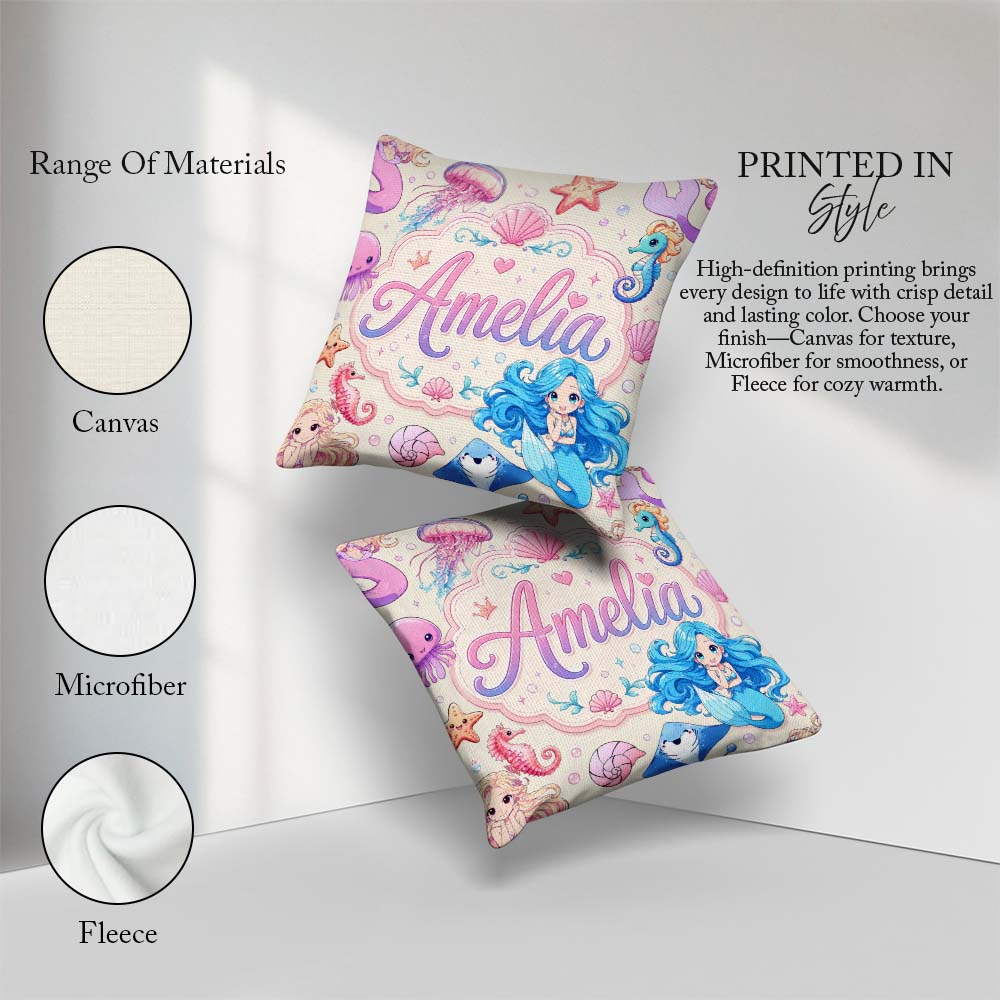 Custom Name Cute Blue Hair Mermaid Jellyfish and Ocean Creatures Square Filled Cushion Throw Pillow Sofa Bed Home Decor Zip Washable UK Made