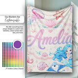 Cute Blue Hair Mermaid Jellyfish Seahorse and Ocean Creatures Lovely  Personalised Custom Name Super Soft Fleece Blanket Bed Sofa Throw