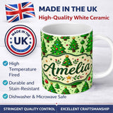 Personalized Custom Name Cartoon Christmas Trees Green Ornaments Cute Holiday Seamless Lovely 11oz Ceramic Coffee Tea Mug White Large Handle