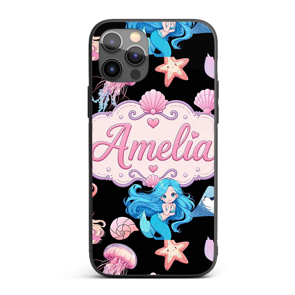 Cute Blue Hair Mermaid Jellyfish Seahorse on Custom Name Protective Phone Case Mobile Cover Durable Everyday Smartphone Shock Resistant