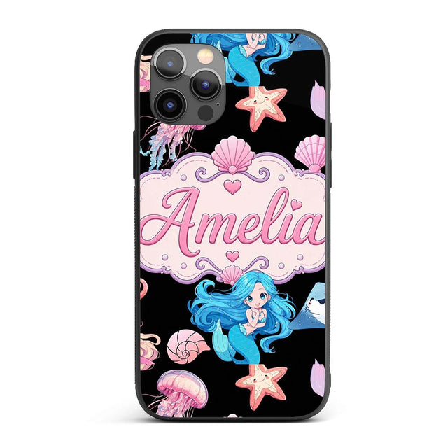 Cute Blue Hair Mermaid Jellyfish Seahorse on Custom Name Protective Phone Case Mobile Cover Durable Everyday Smartphone Shock Resistant