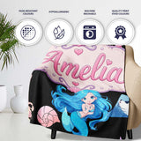 Cute Blue Hair Mermaid Jellyfish Seahorse on Black Background Lovely  Personalised Custom Name Super Soft Fleece Blanket Bed Sofa Throw