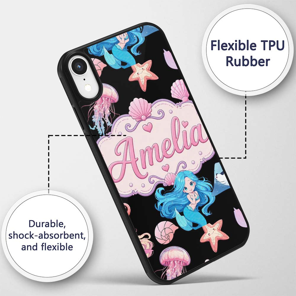 Cute Blue Hair Mermaid Jellyfish Seahorse on Custom Name Protective Phone Case Mobile Cover Durable Everyday Smartphone Shock Resistant