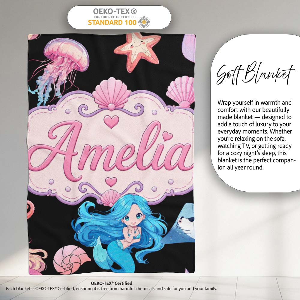 Cute Blue Hair Mermaid Jellyfish Seahorse on Black Background Lovely  Personalised Custom Name Super Soft Fleece Blanket Bed Sofa Throw