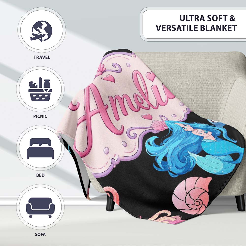Cute Blue Hair Mermaid Jellyfish Seahorse on Black Background Lovely  Personalised Custom Name Super Soft Fleece Blanket Bed Sofa Throw
