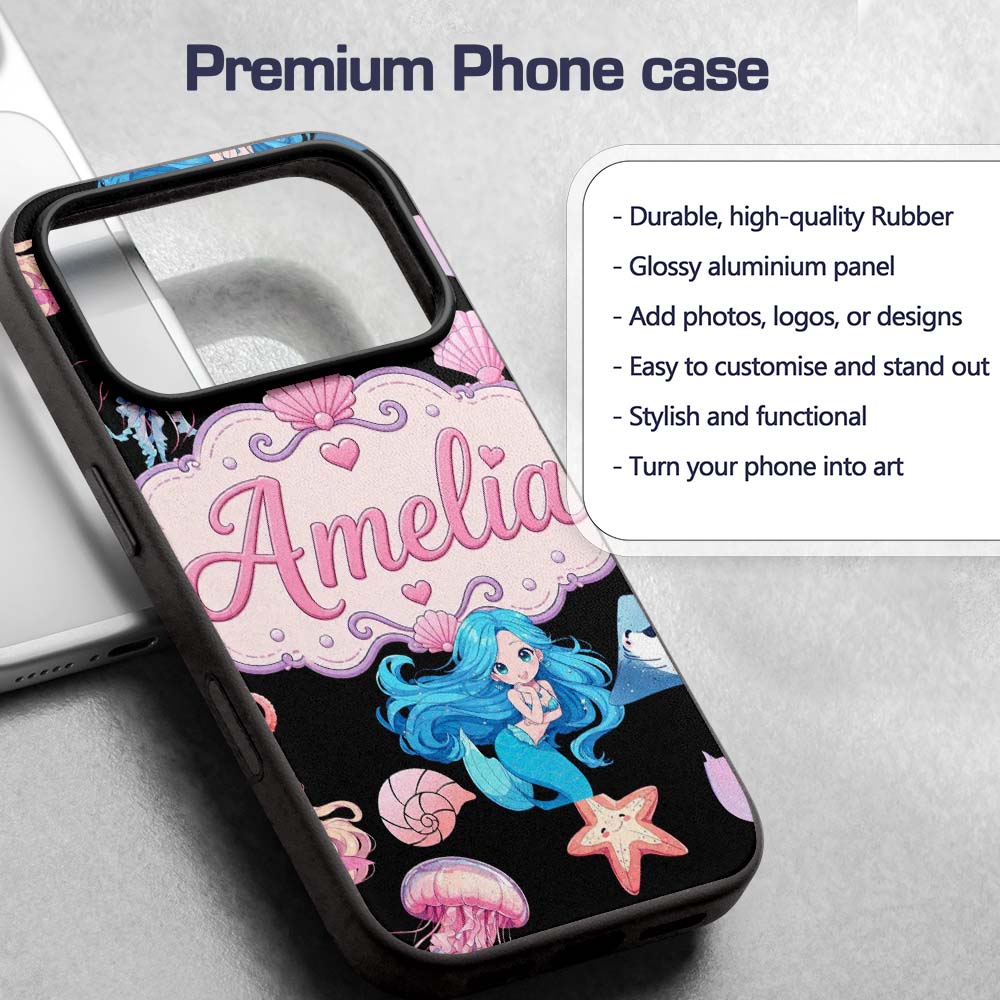 Cute Blue Hair Mermaid Jellyfish Seahorse on Custom Name Protective Phone Case Mobile Cover Durable Everyday Smartphone Shock Resistant