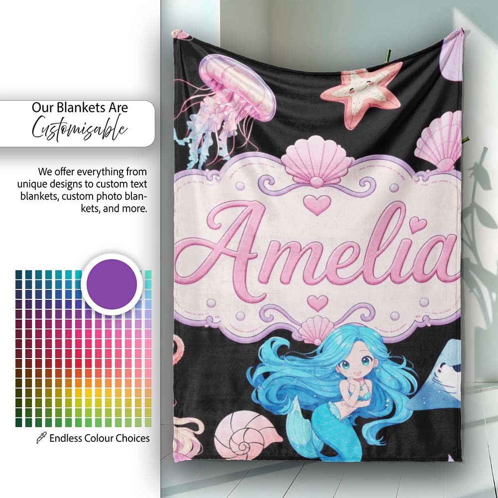 Cute Blue Hair Mermaid Jellyfish Seahorse on Black Background Lovely  Personalised Custom Name Super Soft Fleece Blanket Bed Sofa Throw
