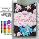 Cute Blue Hair Mermaid Jellyfish Seahorse on Black Background Lovely  Personalised Custom Name Super Soft Fleece Blanket Bed Sofa Throw