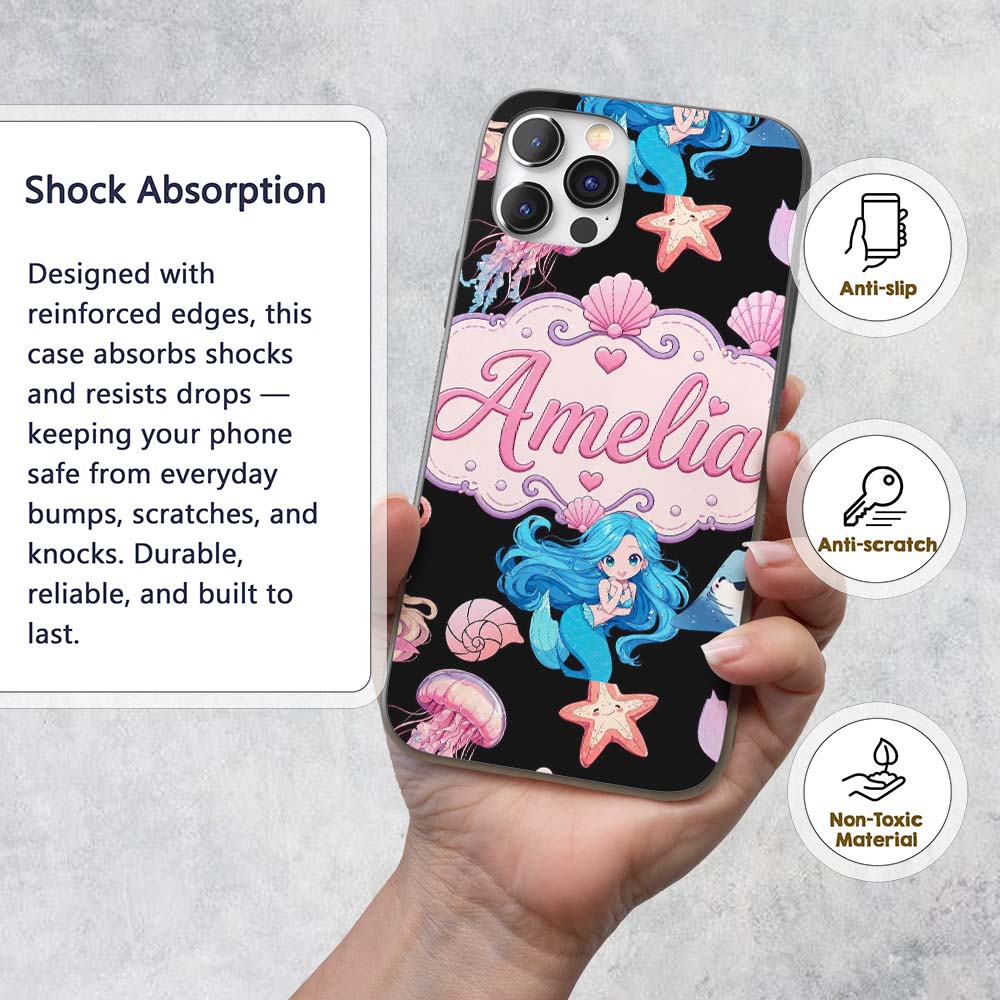 Cute Blue Hair Mermaid Jellyfish Seahorse on Custom Name Protective Phone Case Mobile Cover Durable Everyday Smartphone Shock Resistant