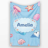 Cute Blue Hair Mermaid Jellyfish Seahorse Light Blue Background  Personalised Custom Name Super Soft Fleece Blanket Bed Sofa Throw