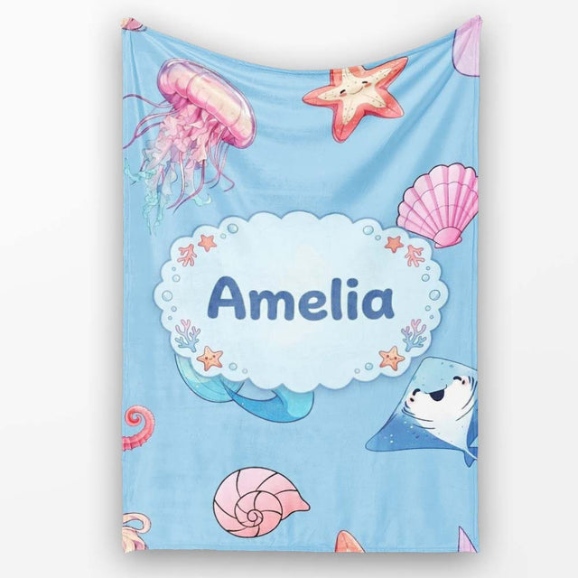 Cute Blue Hair Mermaid Jellyfish Seahorse Light Blue Background  Personalised Custom Name Super Soft Fleece Blanket Bed Sofa Throw