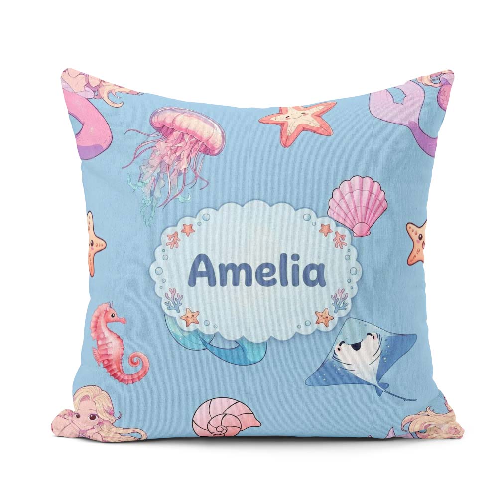 Custom Name Cute Blue Hair Mermaid Jellyfish Seahorse Light Blue Square Filled Cushion Throw Pillow Sofa Bed Home Decor Zip Washable UK Made