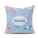 Custom Name Cute Blue Hair Mermaid Jellyfish Seahorse Light Blue Square Filled Cushion Throw Pillow Sofa Bed Home Decor Zip Washable UK Made