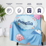 Cute Blue Hair Mermaid Jellyfish Seahorse Light Blue Background  Personalised Custom Name Super Soft Fleece Blanket Bed Sofa Throw
