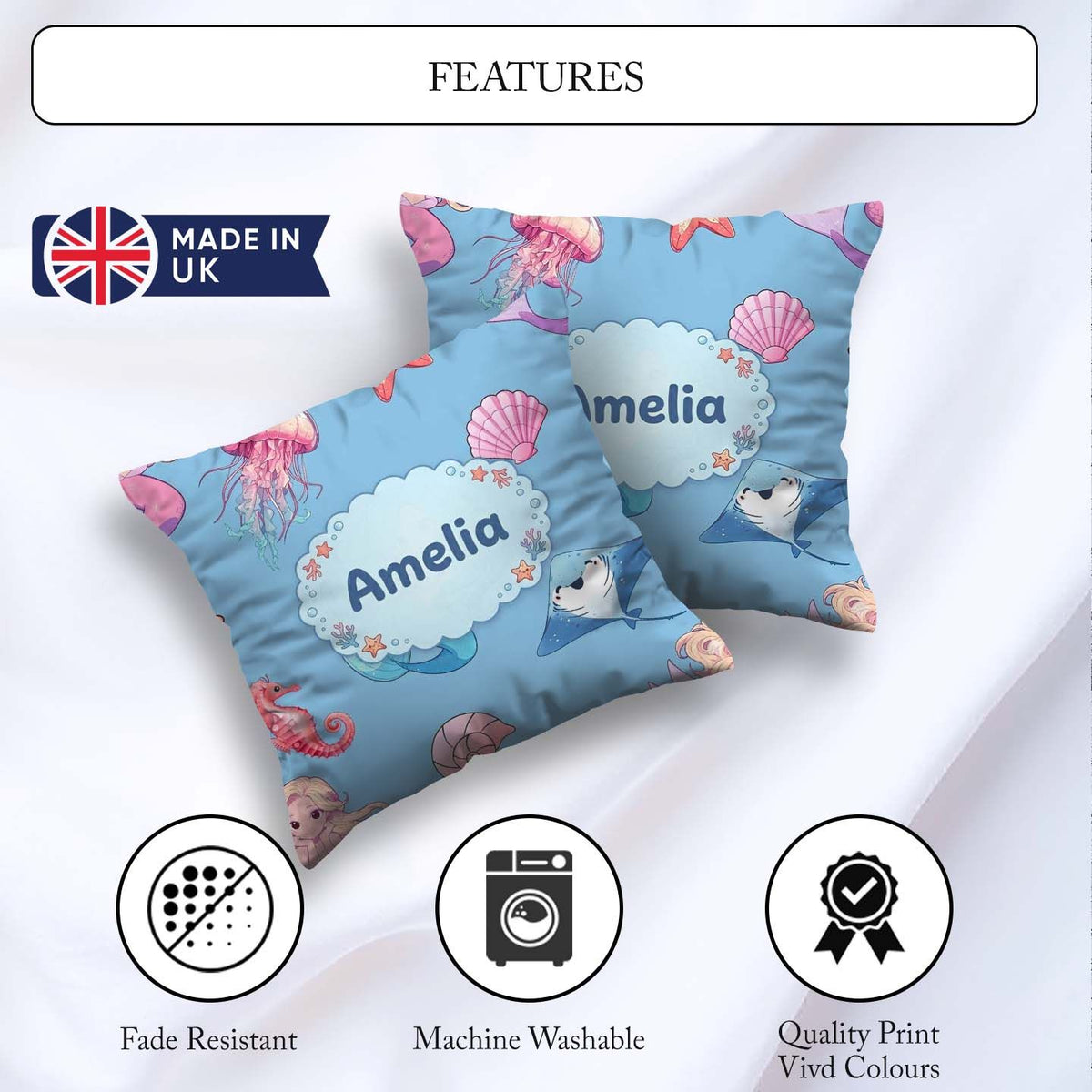 Custom Name Cute Blue Hair Mermaid Jellyfish Seahorse Light Blue Square Filled Cushion Throw Pillow Sofa Bed Home Decor Zip Washable UK Made