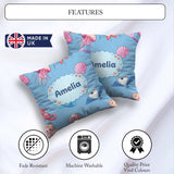 Custom Name Cute Blue Hair Mermaid Jellyfish Seahorse Light Blue Square Filled Cushion Throw Pillow Sofa Bed Home Decor Zip Washable UK Made