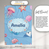 Cute Blue Hair Mermaid Jellyfish Seahorse Light Blue Background  Personalised Custom Name Super Soft Fleece Blanket Bed Sofa Throw