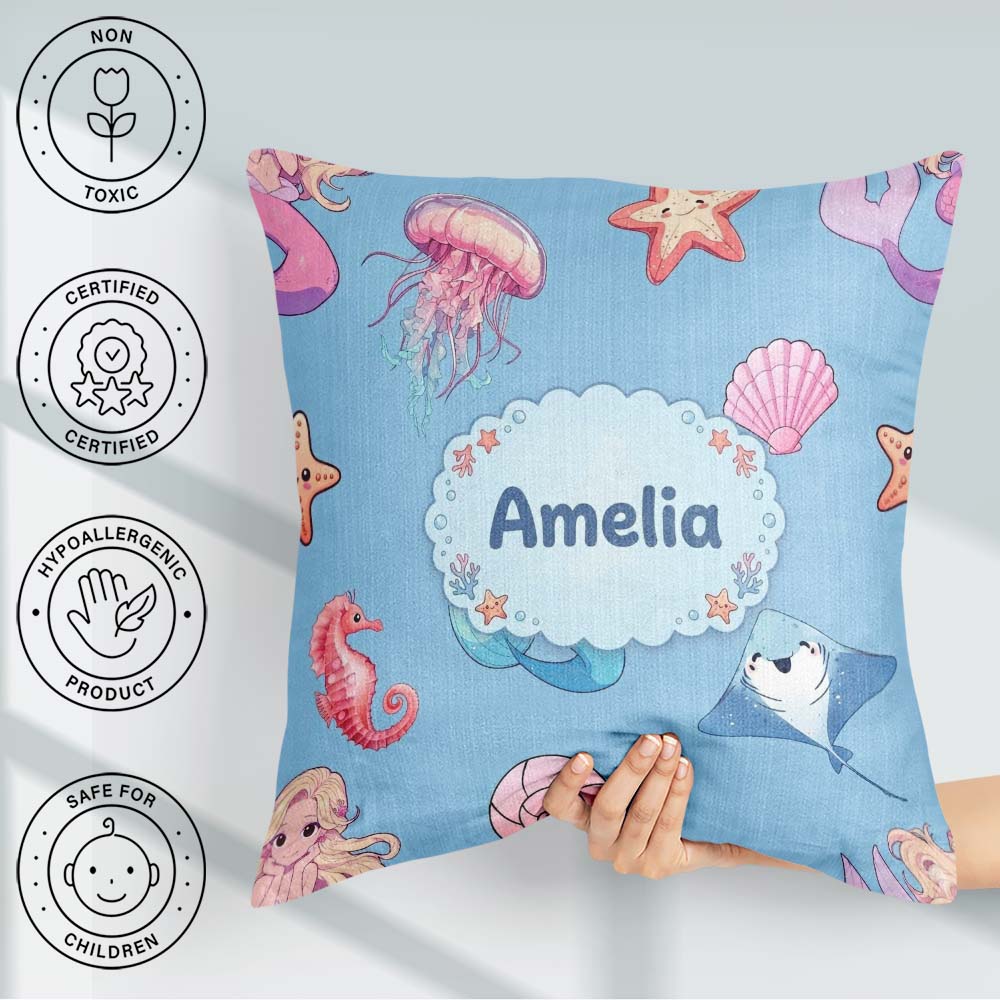 Custom Name Cute Blue Hair Mermaid Jellyfish Seahorse Light Blue Square Filled Cushion Throw Pillow Sofa Bed Home Decor Zip Washable UK Made