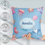 Custom Name Cute Blue Hair Mermaid Jellyfish Seahorse Light Blue Square Filled Cushion Throw Pillow Sofa Bed Home Decor Zip Washable UK Made