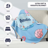 Cute Blue Hair Mermaid Jellyfish Seahorse Light Blue Background  Personalised Custom Name Super Soft Fleece Blanket Bed Sofa Throw