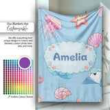 Cute Blue Hair Mermaid Jellyfish Seahorse Light Blue Background  Personalised Custom Name Super Soft Fleece Blanket Bed Sofa Throw