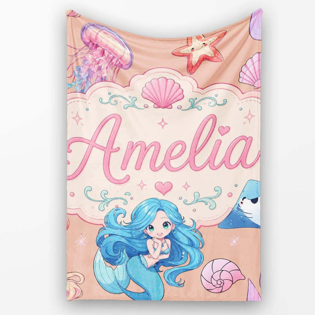 Cute Blue Hair Mermaid Jellyfish Seahorse Peach Background Seamless  Personalised Custom Name Super Soft Fleece Blanket Bed Sofa Throw