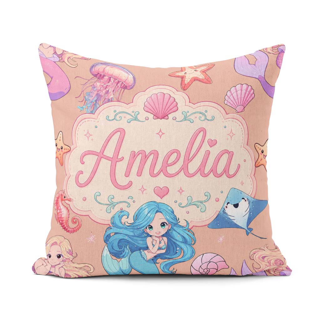 Custom Name Blue Hair Mermaid Seahorse Peach Background Seamless Square Filled Cushion Throw Pillow Sofa Bed Home Decor Zip Washable UK Made