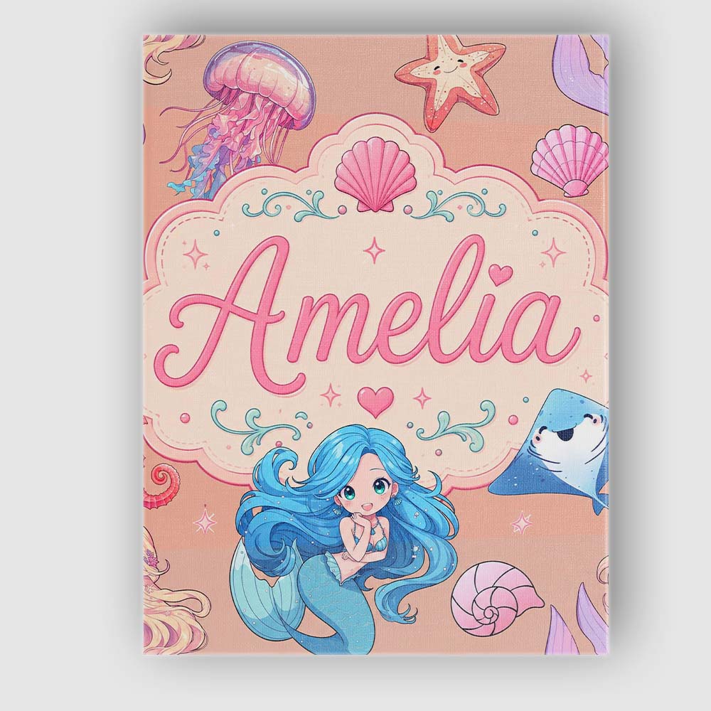 Personalised Name Cute Blue Hair Mermaid Custom  Unique Gift Idea Elegant Feature Canvas Wall Art Print Decor Picture Ready to Hang